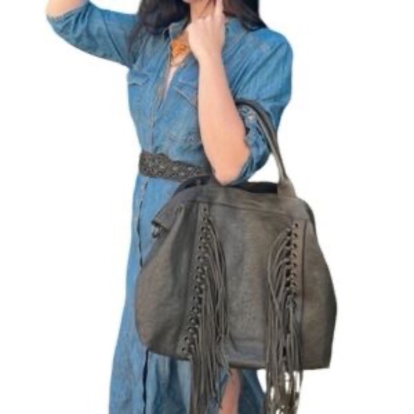 Johnny Was‎ Large Ariana Deep Graphite Grey Italian Goat Leather Fringed Tote - Picture 2 of 11